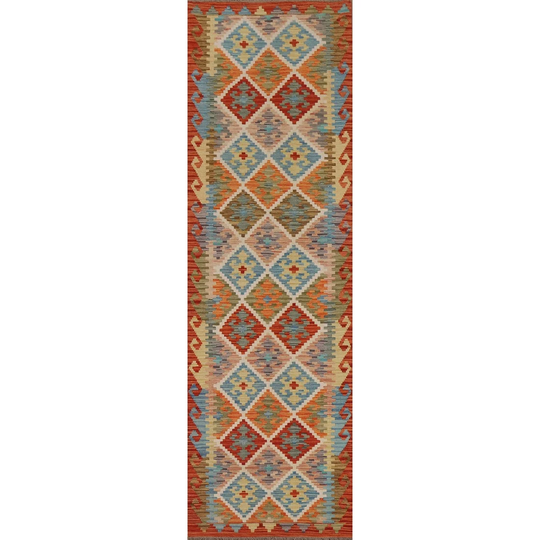 Colorful Kilim Geometric Runner Rug Hand-woven Wool Carpet - 2'9" x 9'11"