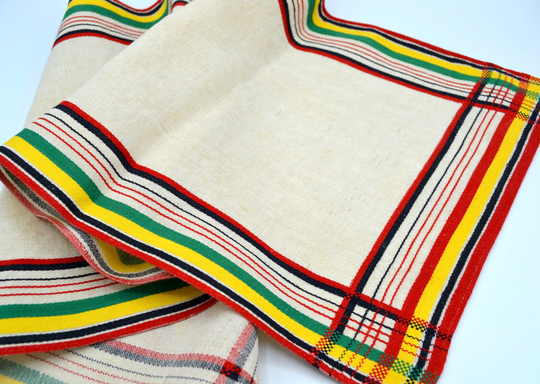Vintage Table Runner - Woven Edge Stripe in Red Yellow & Green Unused Mid Century