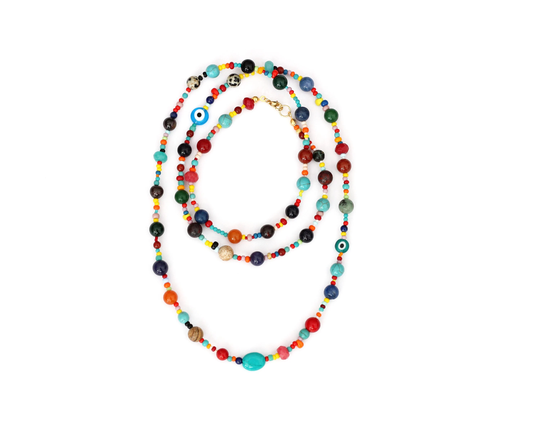 Colorful Beaded Long Gemstone Necklace, Rainbow Semi Precious Stone Hippie Multi Color Natural Stones