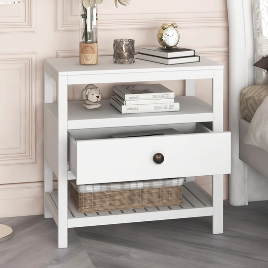 White Wood 1-drawer Storage Nightstand