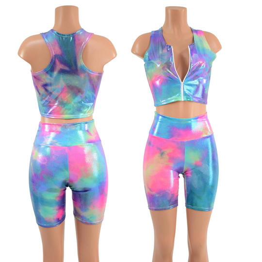 Cotton Candy Bike Shorts & Racerback Crop Top With White Zipper At Front Bodice 1579251