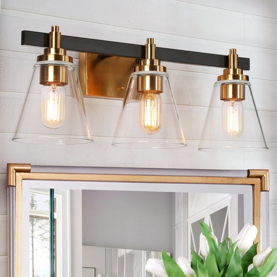 Modern 3-Light Black Gold Bathroom Vanity Light Cone Shaped Glass Wall Sconces - 21.5" L x 7.5" W x 8.5" H