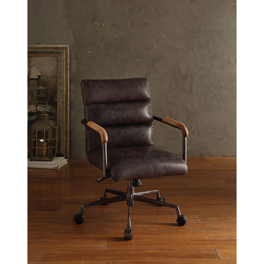 Office Chair Retro Top Grain Leather Executive Office Chair Swivel Seat with Adjustable Height with Wooden Armrest & Casters