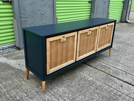 Refinished Mid Century 1960S Basic-Witz Navy Blue 9 Drawer Walnut Wood Dresser/Sideboard/Credenza
