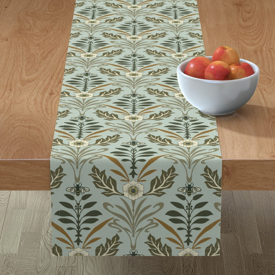 Elegant Flower Table Runner - Art Nouveau Blue By Fernlesliestudio Victorian Damask Cotton Sateen Spoonflower