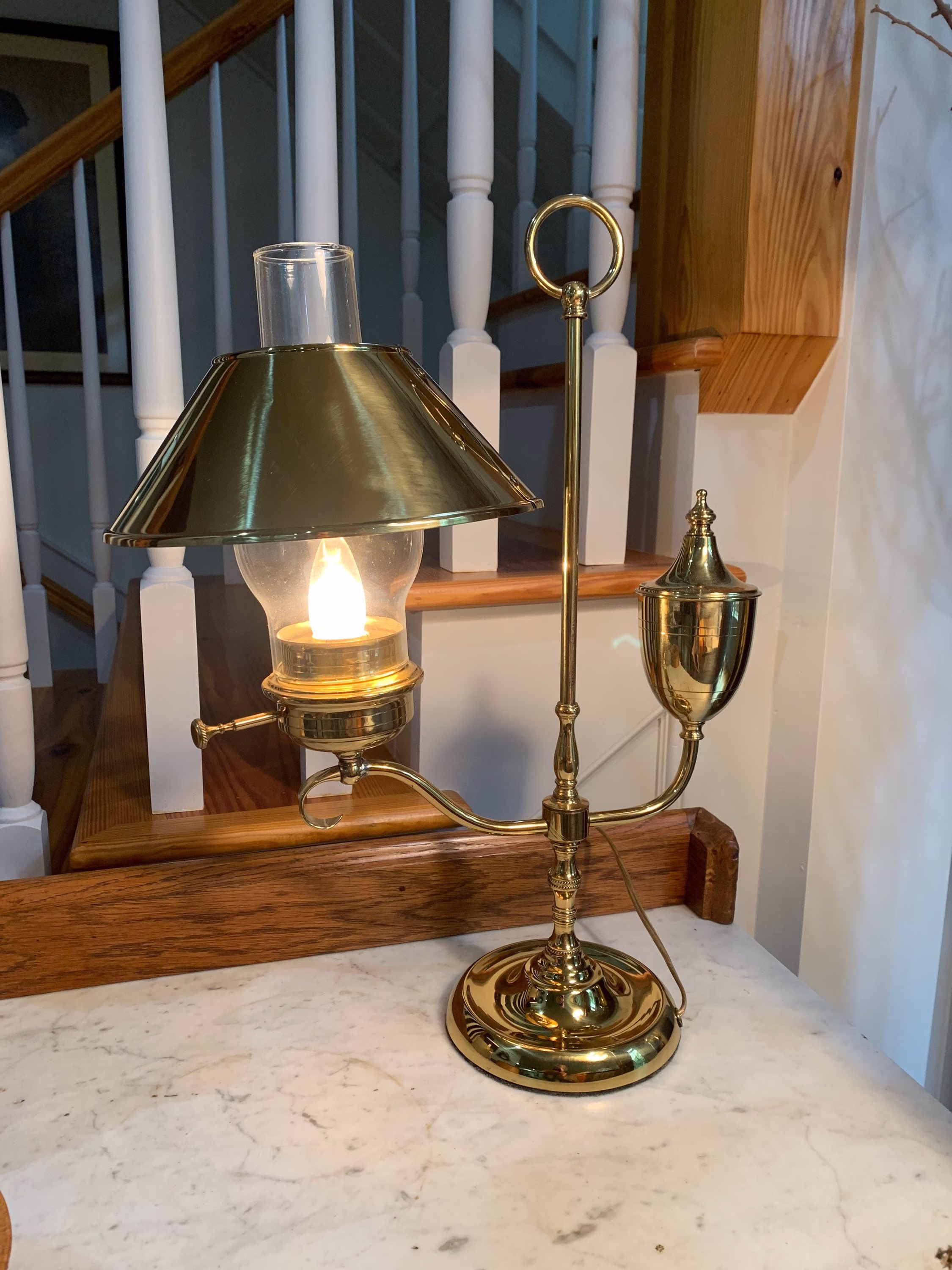 Vintage Tole Table Tall Lamp Brass Preserved 19 1/2"H X 15 1/2"W 3-Way Switch New Wiring Hurricane Shade