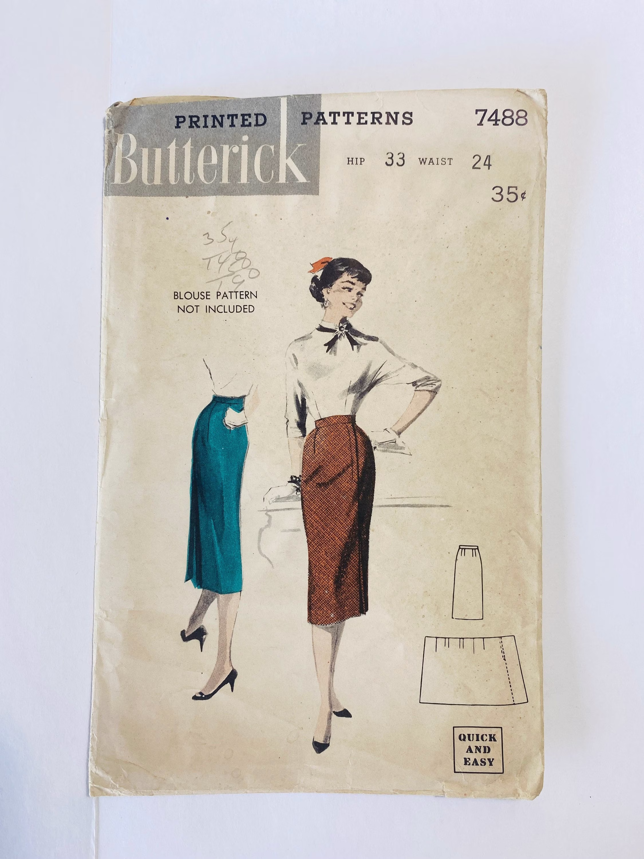Butterick 7488 Waist 24" Rare Vintage 1950S Sewing Pattern 1955 50S Quick Easy Kick Pleat Pencil Skirt
