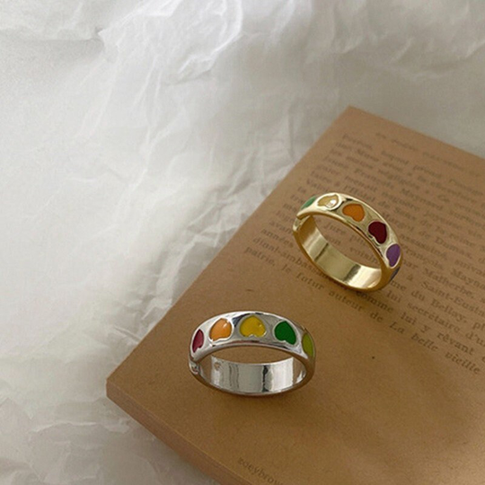 Vintage Bohemia Colorful Enamel Love Heart Ring Cute Simple Metal Gold Silver Color Rings For Women Mood Gift Him Fast Shipping