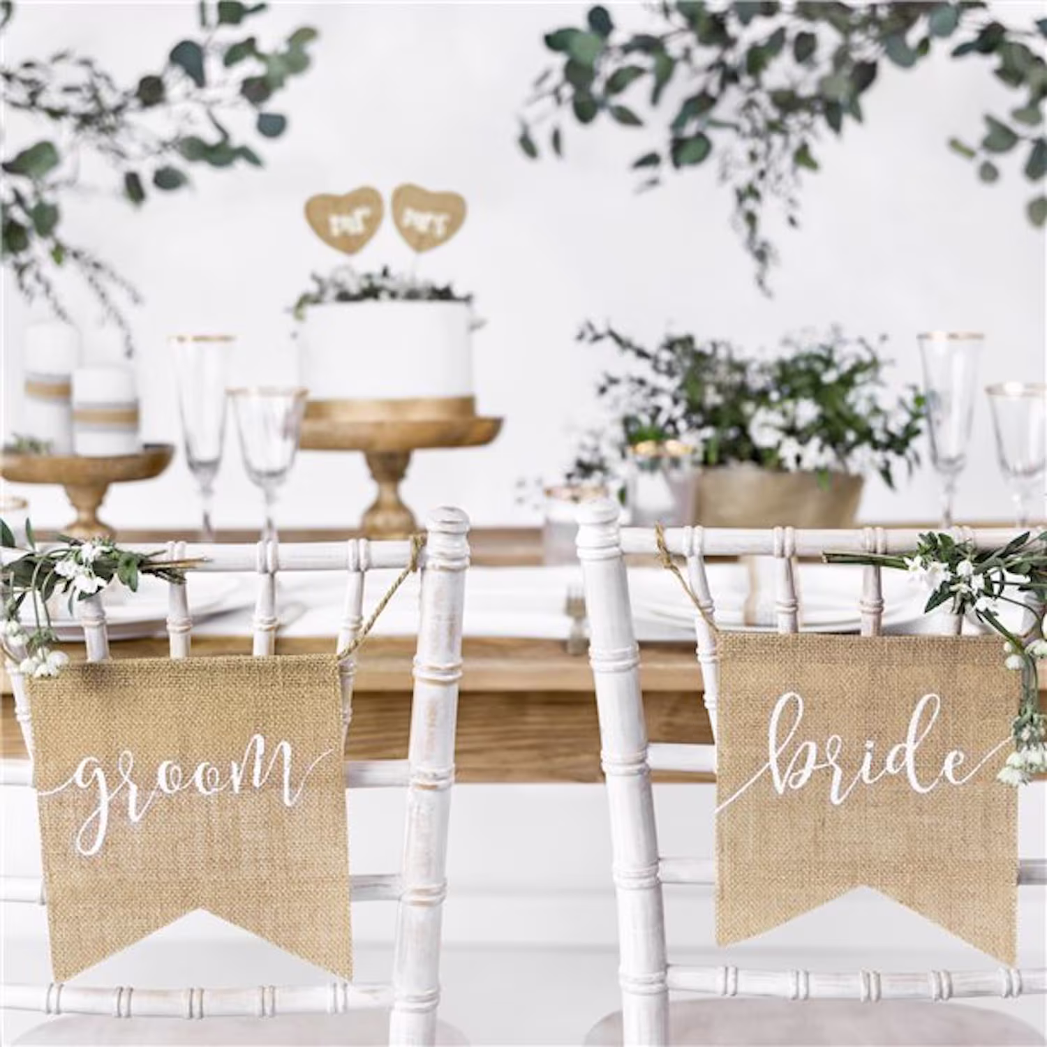 Hessian Bride & Groom Chair Signs, Wedding Venue Decorations, Rustic Top Table Decor