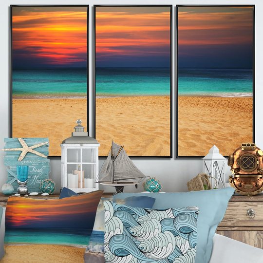 Designart 'Sand to Sky Colorful Seashore' Sea & Shore Framed Art Set of 3 - 4 Colors of Frames