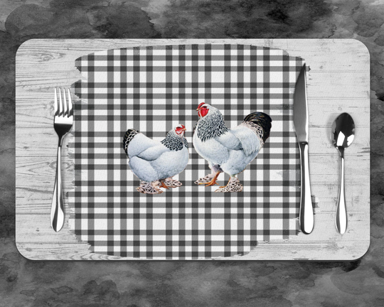 Set Of 4 Everyday Rooster Table Placemats, Rustic Country White Gingham Table Decor, Farmhouse Home Kitchen Decor