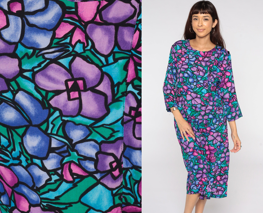 80S Floral Dress Purple Blue Secretary Midi Pencil Wiggle High Waisted Vintage Long Sleeve Structured Large 12