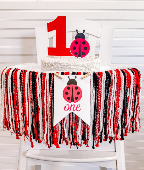 Ladybug Birthday High Chair Yarn Tassel Banner, Cake Smash Backdrop First Birthday, Topper