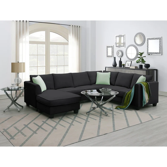 L-Shaped Sectional Sofa Set, Sectional Sofa for 7with Ottoman and 3 Pillows
