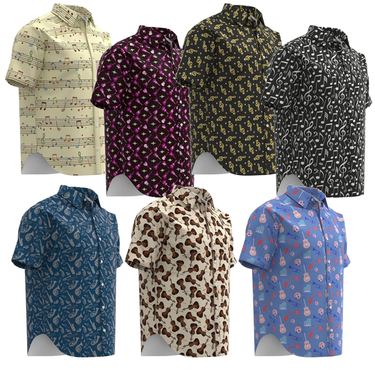 Musical Notes Music Instruments Jazz Rock Retro Violin Guitar Saxophone Theme Pattern Print Button Shirt
