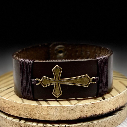 Cross Gift For Christmas Shape Wide Leather Bracelet Him Personalized Men Thick Wide