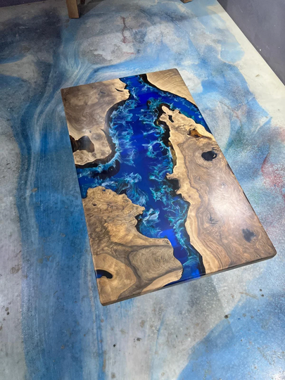Walnut Dining Table, Custom 48" X 30" Ocean Blue, Turquoise White Waves Epoxy River Order For Bryan W