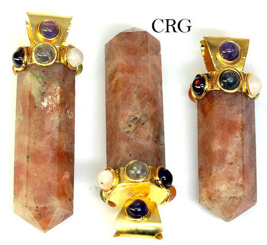 Qty 1 - Sunstone Think Pencil Point Pendant with 7 Stone Detail/Gold Plating Wholesale Crystal Pendants 1" Avg