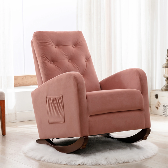 Velvet Beige High Back Rocking Chair,Modern Nursery Chair