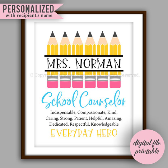School Counselor Gift, Pencil Printable, Quote Christmas Thank You, Digital 8x10