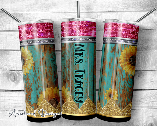 Sunflower Teal Pencil Tumbler/Personalize With A Name Or Phrase 20Oz Skinny | Non-Tapered