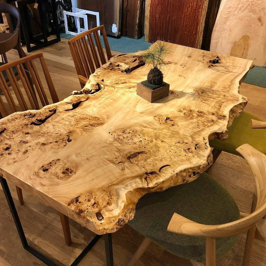 Live Edge Dining Table, Custom Mappa Burl Live Poplar Wood, Dinner Resin River Table Office Desk