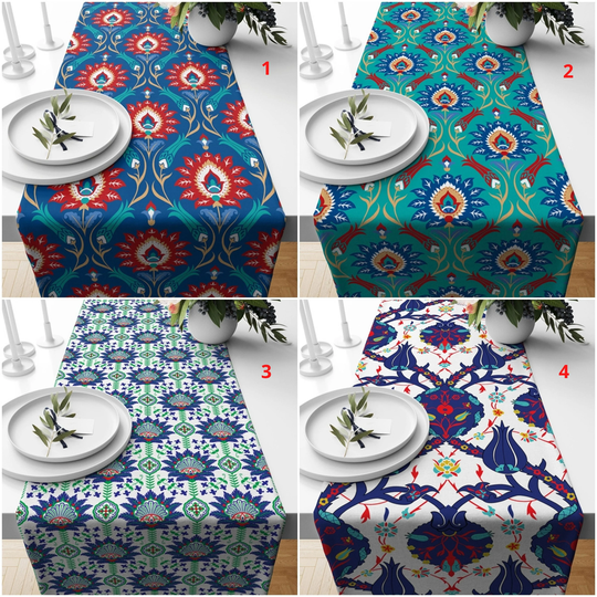 Tile Design Table Cover, Red Tulip Style Runner, Ethnic Topper, Turkish Authentic Decor, Bohemian Home Decor