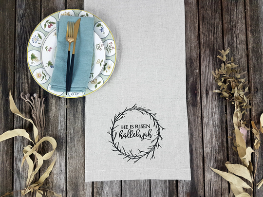 He Is Risen Table Runner, Easter Linen Runner, Matthew 286