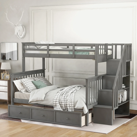 Stairway Twin-Over-Full Bunk Bed with Drawer, Storage and Guard Rail for Bedroom, Dorm, for Adults, Gray