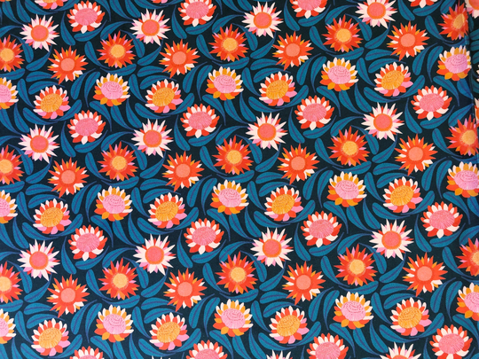 Protea Flower Blooming Navy Blue Floral Quilting Cotton Fabric By 1/4, 1/2 Yard Or Fat Quarter, Australian Native