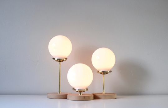 Brass Table Lamp, Frosted White Glass Bubble Globe Shade, Wooden Base, Mid Century Modern Design, Home Lighting & Decor, 8 Inches Tall