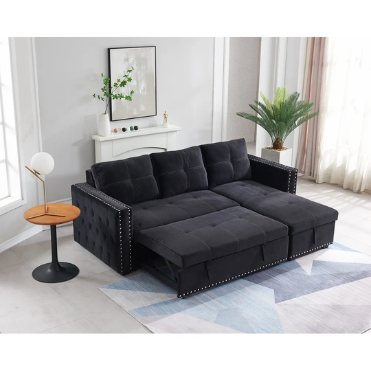 90.5"W Sectional sofa with pulled out bed, 2 seats sofa and reversible chaise with storage, both hands with copper nail