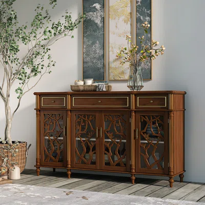 63"Soild Wood Sideboard Buffet Entertainment Center With Storage Cabinet With Adjustable Height Shelves