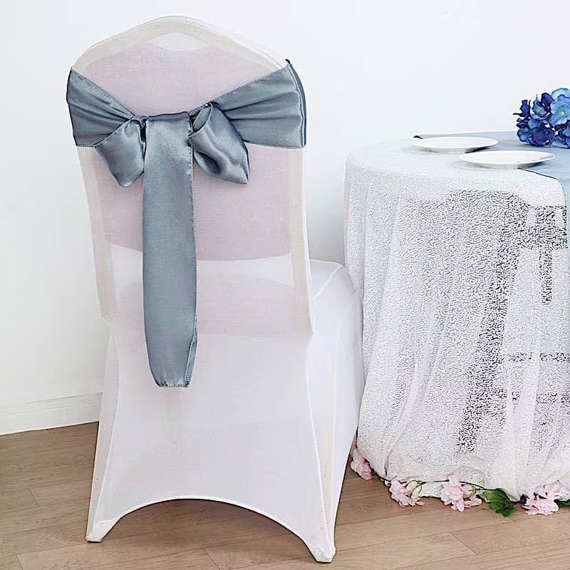 5 Pcs Dusty Blue Satin Chair Sashes Bows Ties Wedding Decorations