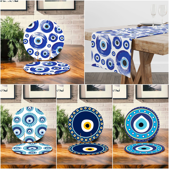 Evil Eye Placemat & Table Runner|Set Of 2 Symmetrical All Seeing Supla Mat|Round American Service Dining Underplate & Coasters