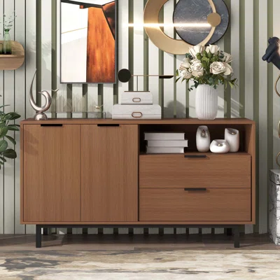 Contemporary Style Sideboard With Black Support Frame Metal Handles Large Storage Space (Brown)