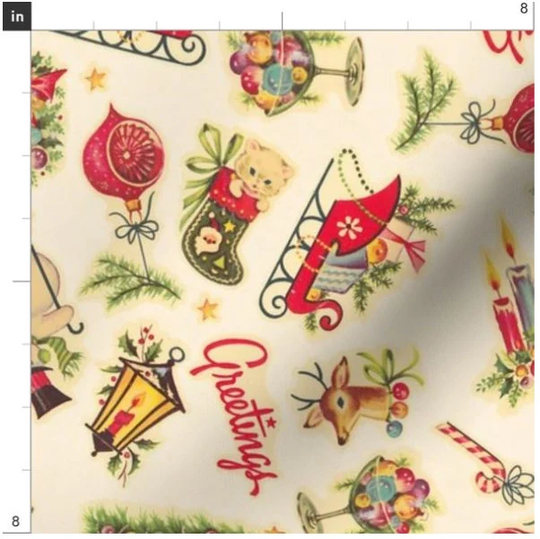 Retro Christmas Decals Fabric | Vintage Made To Order By The Yard
