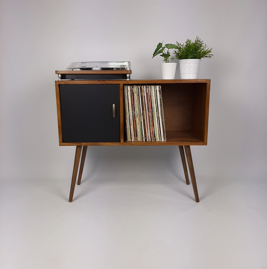 Record Table Walnut with Black Door & Wooden Legs | Medium Sideboard Media Console Vinyl Cabinet Solid Wood