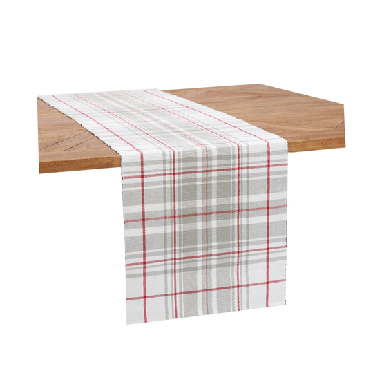 Sentiment Red White and Gray Plaid Woven Table Runner