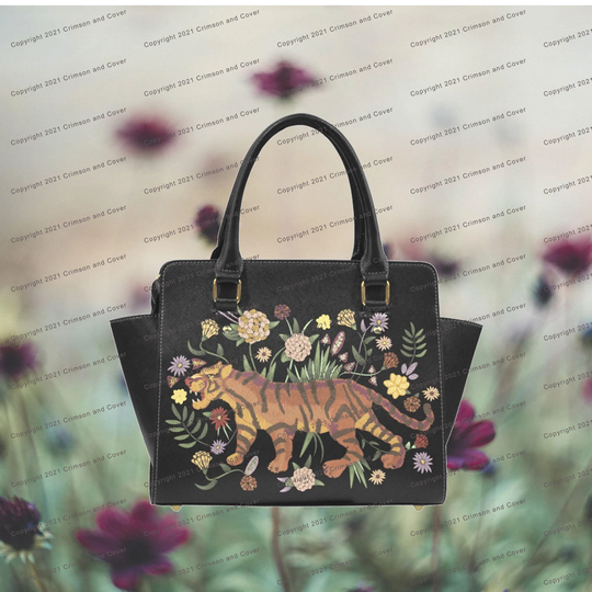 Floral Tiger Vegan Leather Bag With Shoulder Strap/Scandi Art/Folk Art Bag/Vintage Purse