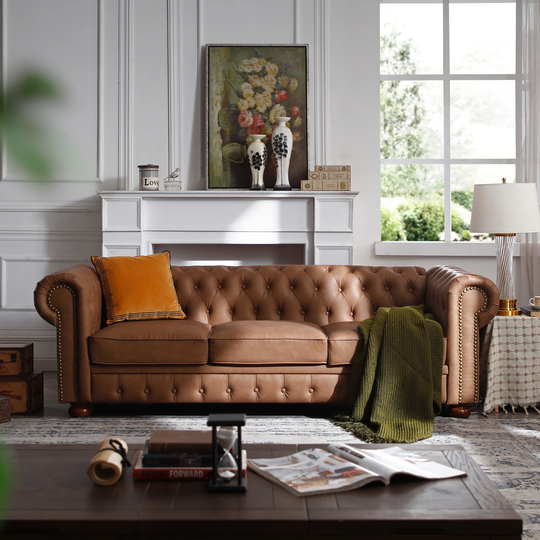 Faux Leather Upholstered 3-Seater Living Room Sofa with Button and Copper Nail on Arms, Classic Chesterfield Sofa