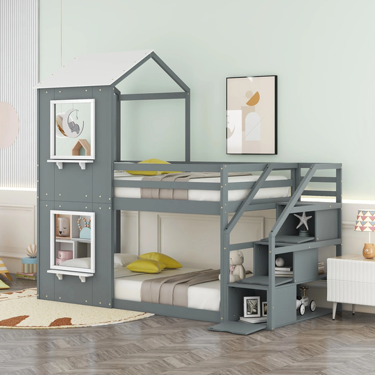 Twin Over Twin Bunk Bed with 3 Drawer Storage Stairs, Wood Bunk Bed with Roof, 2 Windows, 2 Small Shelf, Guardrail, Back Ladder
