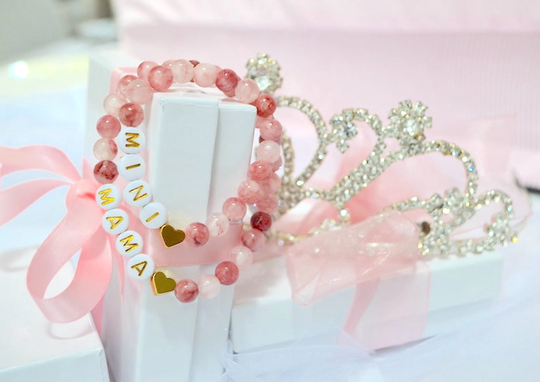 18K Gold Mommy Baby Pink Jade Personalized Bracelet, Mother Bracelets, Shower Gift, Baptism Mother's Gift For Girls
