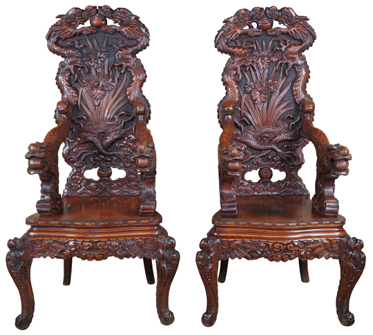 2 Antique Japanese Imperial Meiji Elm High Relief Carved Dragon Throne Arm Chair