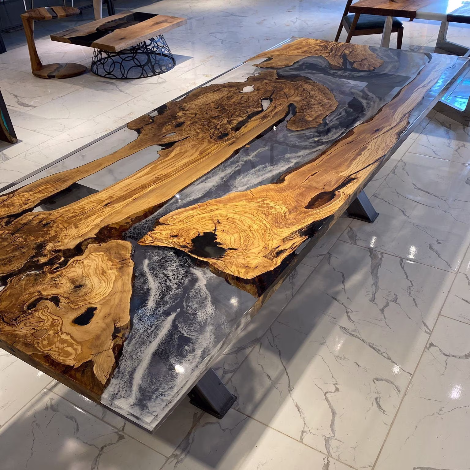 400 Years Old Olive Slab, Epoxy Table, Resin Clear River Dining Live Edge Custom Table