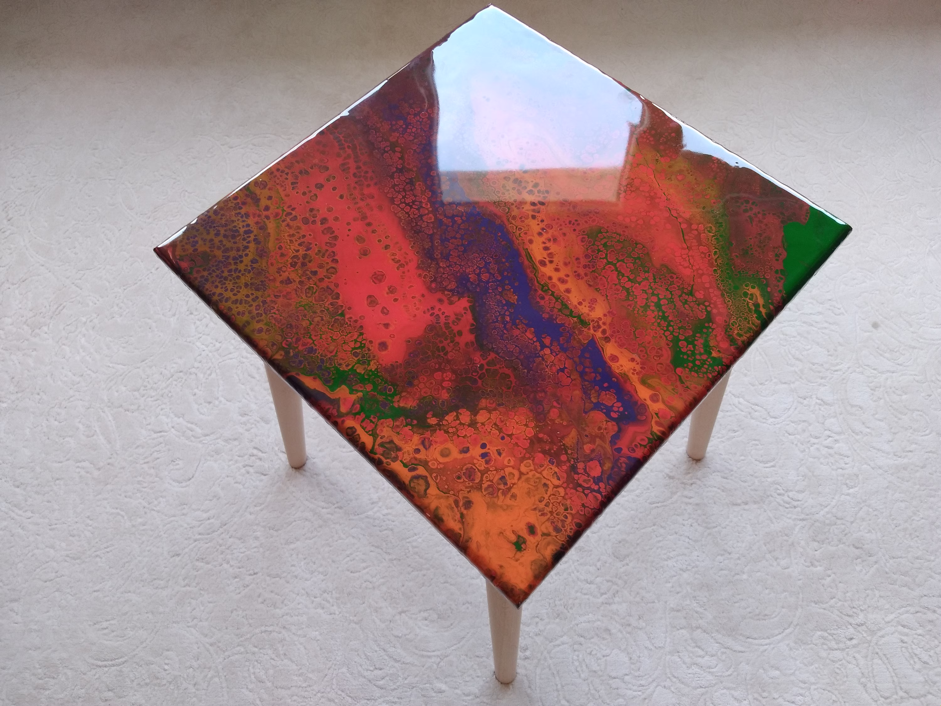 Small Boho Resin Wood Side Coffee Table, Modern Square Wooden Red Blue Unique End Low Sofa Bedside Bedroom Abstract Epoxy Art Table