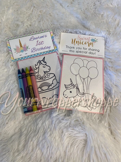 Unicorn Coloring Pages Party Favors Bags & Toppers Personalized Assembled With 3 Crayola Crayons