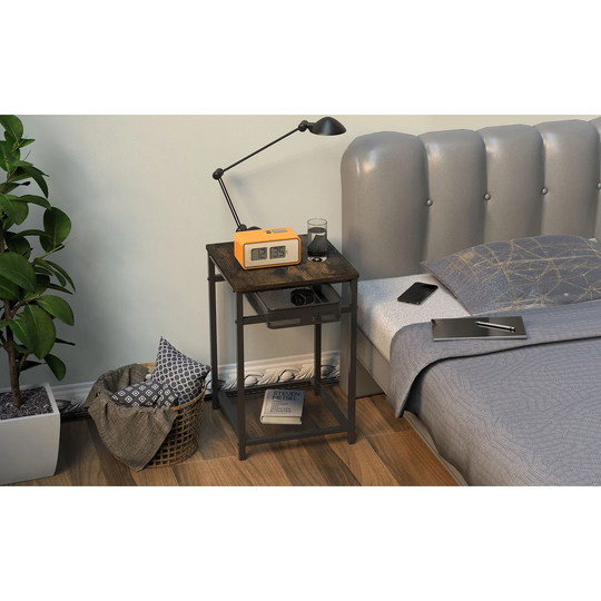 End Table with Grid Storage Drawer, Nightstand Sofa Side Table for Living Room, Bedroom,Rustic Brown