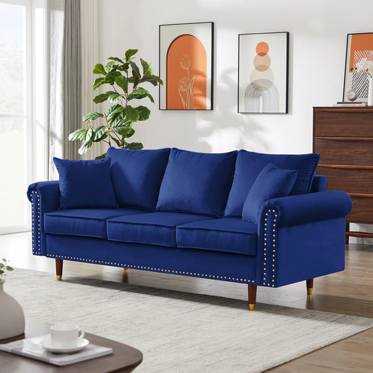 74.02" Velvet Upholstered Sofa Couch 3-Seater Rolled Arms Sofa with Nailhead Trim