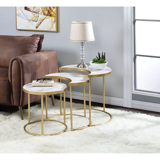 3Pc Pack Nesting Tables with Faux Marble Top and Metal Open Frame, 2 Half Moon Table and 1 Round Shape Table